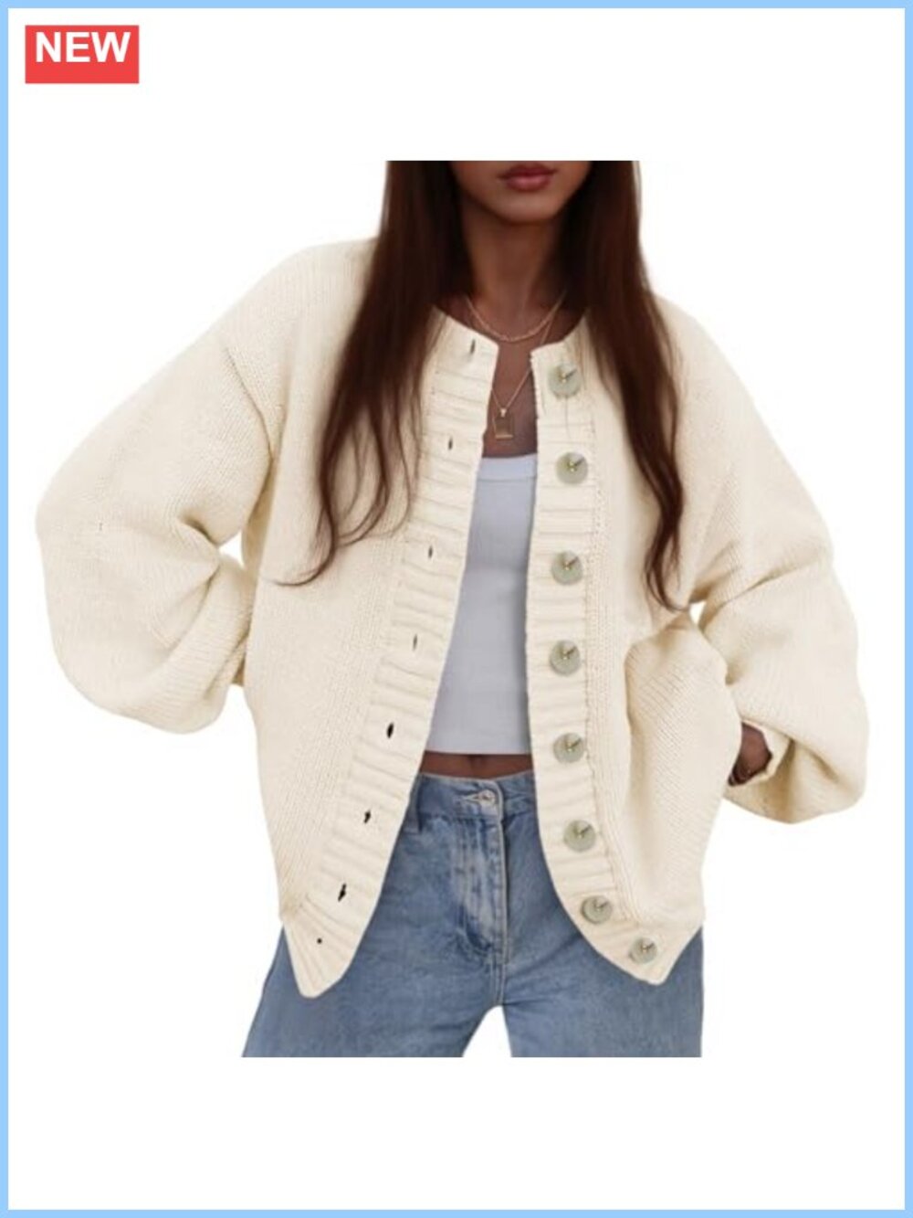 Chunky Ribbed Knit Button-Up Cardigan Sweater Lantern Sleeve Loose Fit